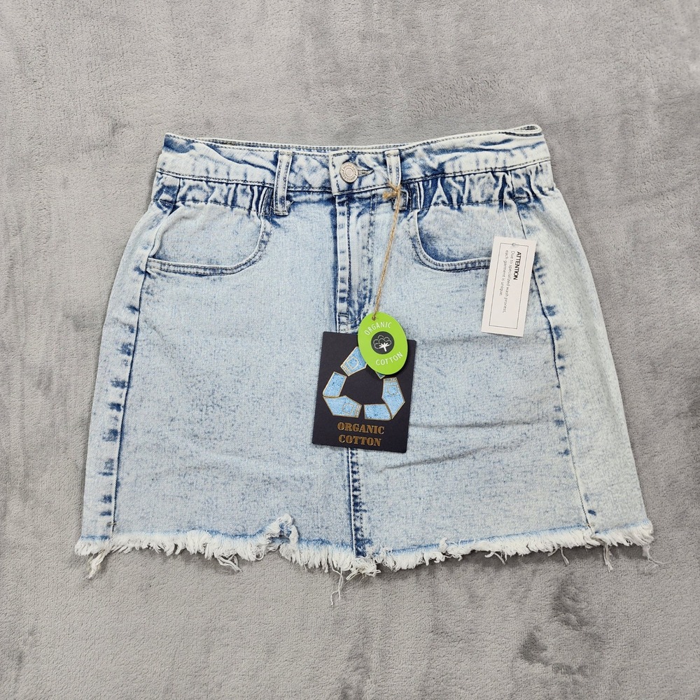 NEW Indigo Rein Skirt Womens 7 Juniors Blue Denim High Rise Mini Raw Hem Stretch